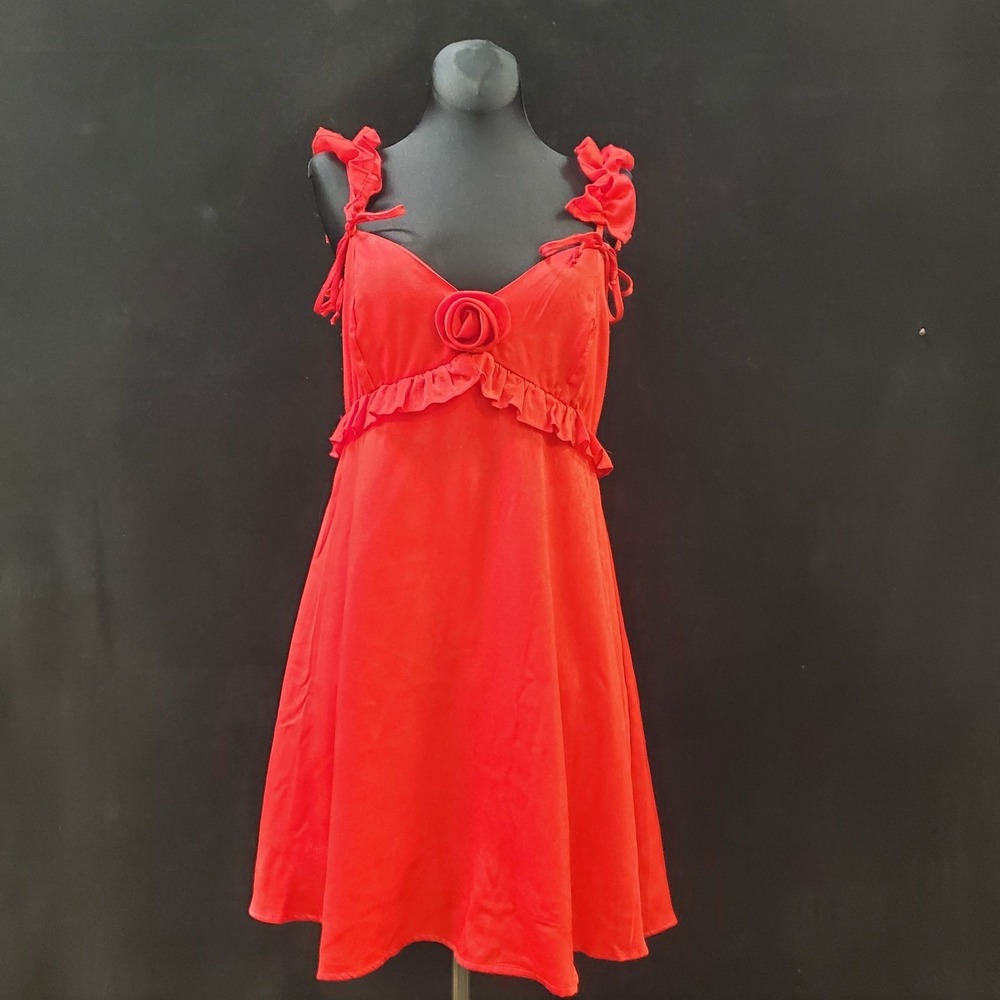Wild Fable Womens Babydoll Ruffle Strap V Neck Rose Dress Size XS Red Satin
